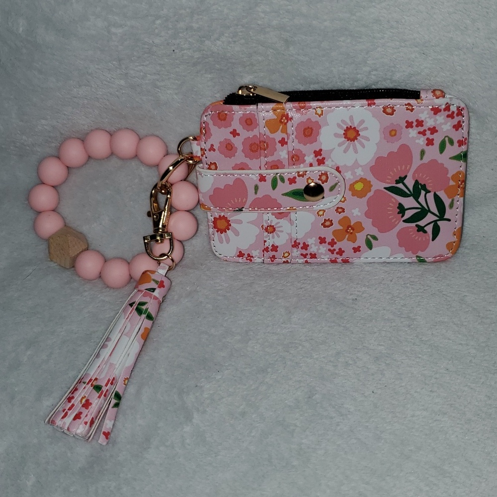 Floral Card Holder with Tassle Keychain and Beaded Bracelet